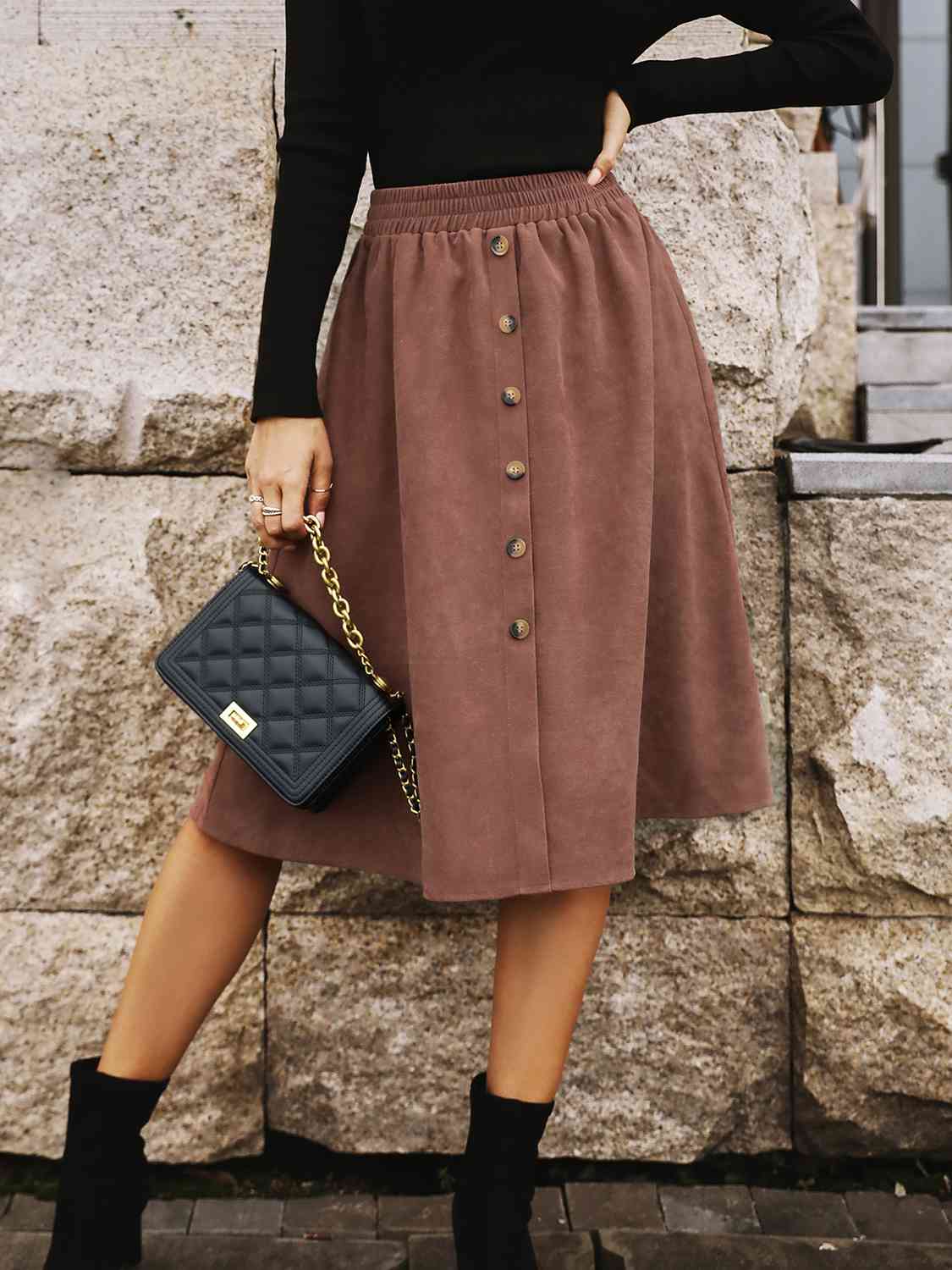 Elastic Waist Buttoned Skirt